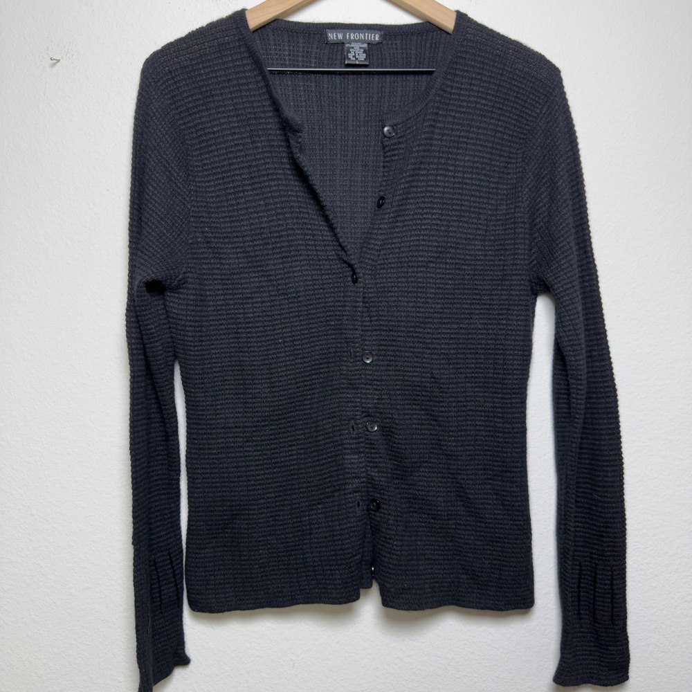 VTG 90s Women Silk Cotton Angora Cardigan Sweater Black Beaded Cuff Waffle Knit